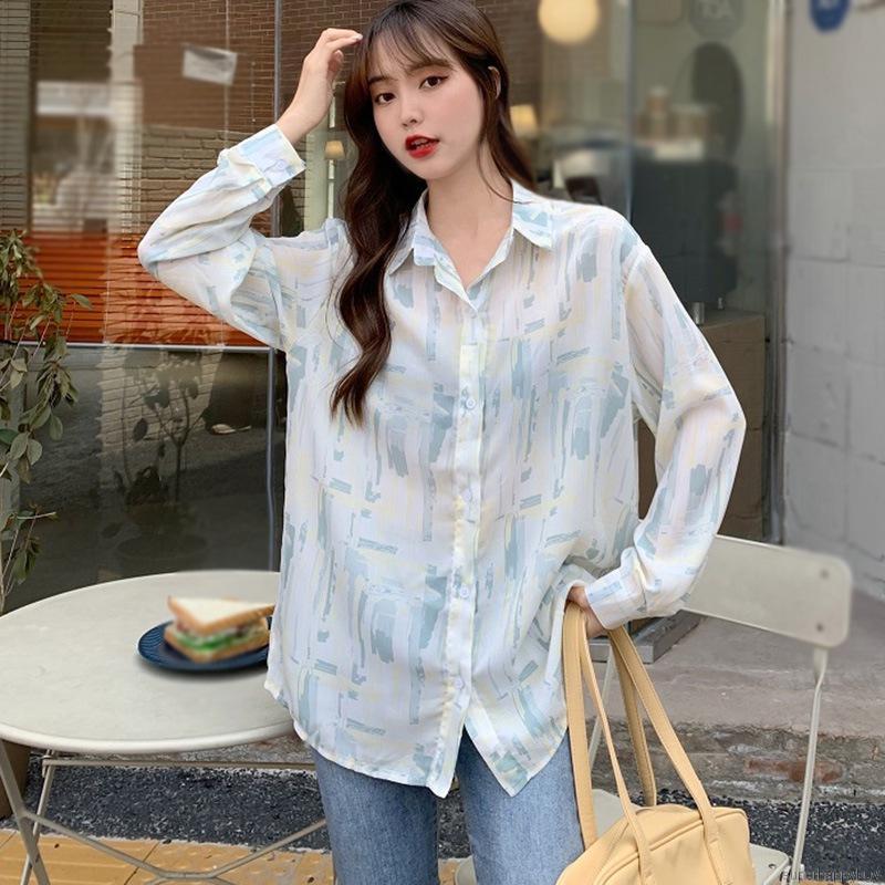 Áo sơ mi nữ ngoại cỡ tay dài họa tiết sơn dầu phong cách Hàn Quốc