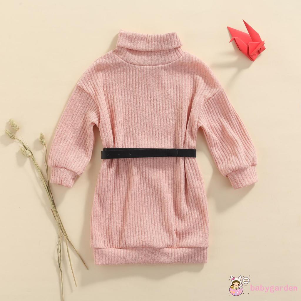 Đầm Dệt Kim Tay Dài Cổ Cao Dáng Rộng Màu Sắc Trơn Kèm Thắt Lưng Xinh Xắn Cho Bé Gái 2-7 Tuổi