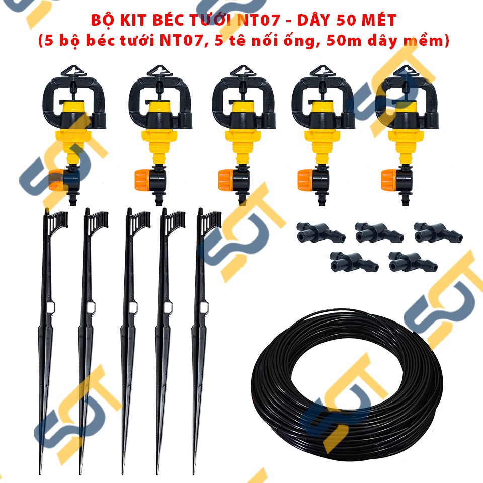 Bộ KIT béc tưới phun NT07 90L/h (5 bộ béc tưới NT07 90L/h + 5 tê nối ống + dây mềm) - Nhà vườn, trồng trọt, nông nghiệp