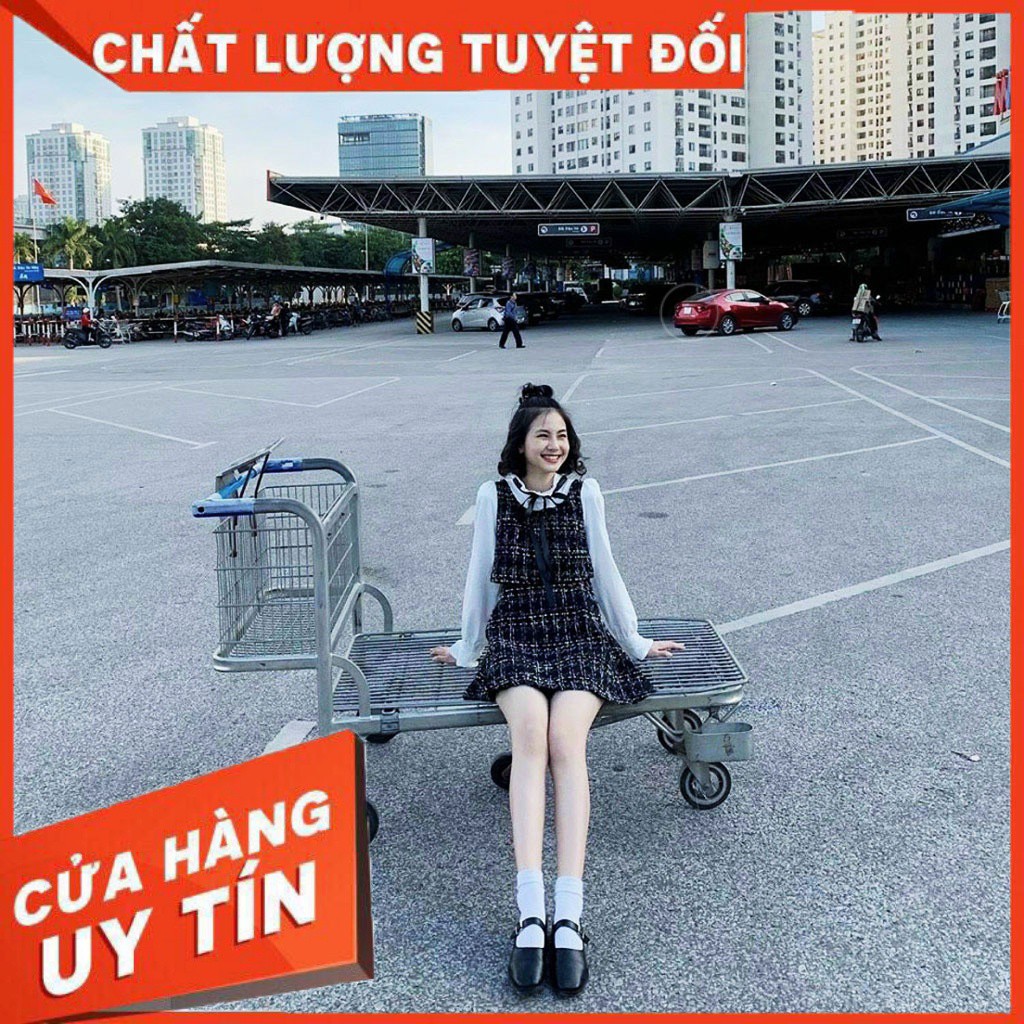 Set 3 món áo sơ mi, áo gile, chân váy dạ caro tiểu thư