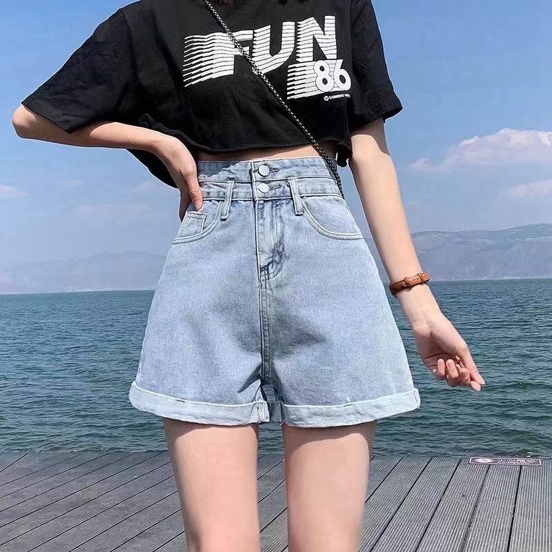 Quần Short Denim Màu Trơn Lưng Cao Dáng Ôm Thời Trang Hàn Quốc Cho Nữ