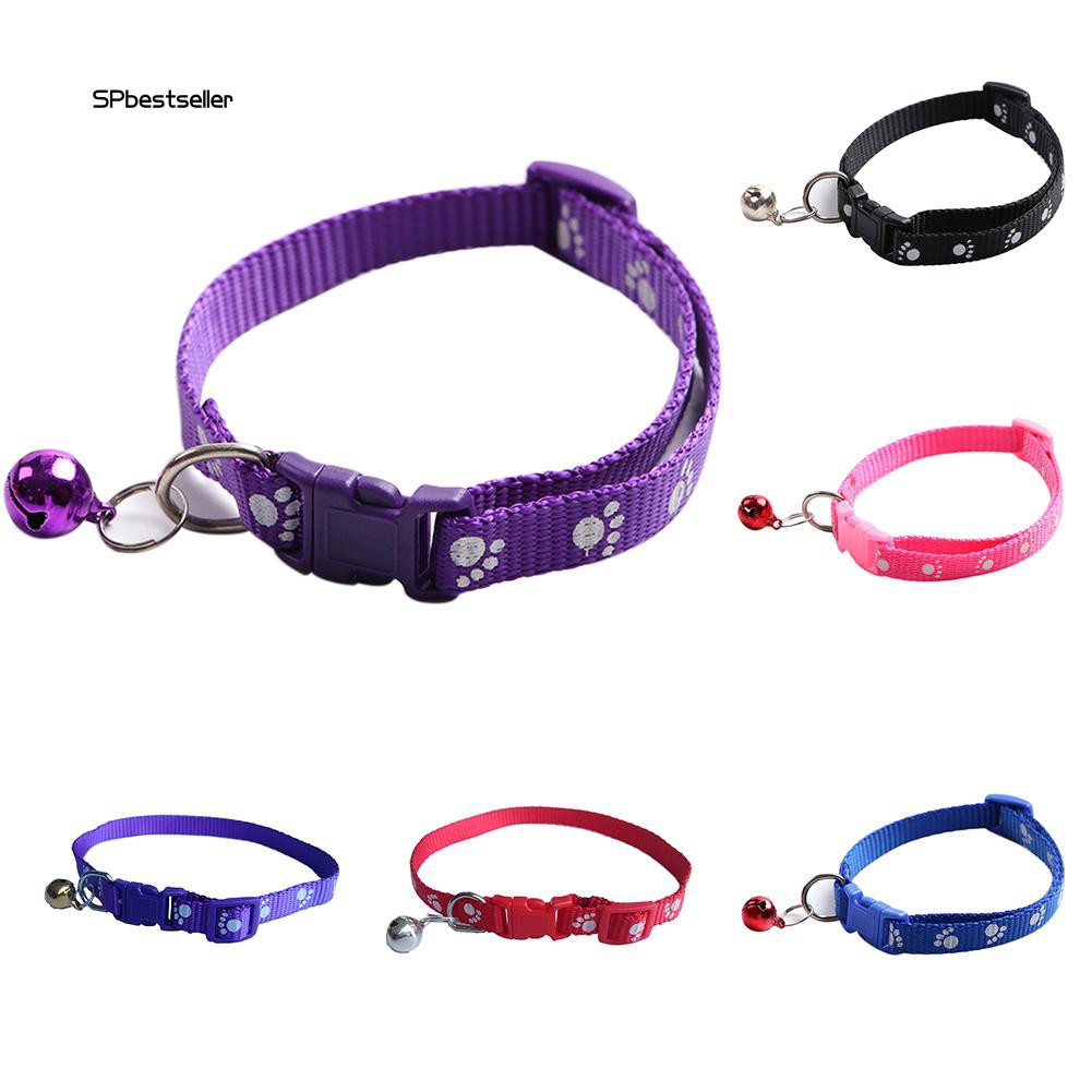 SPBS❤Fashion Dog Puppy Cat Kitten Buckle Paw Print Adjustable Pet Collar with Bell