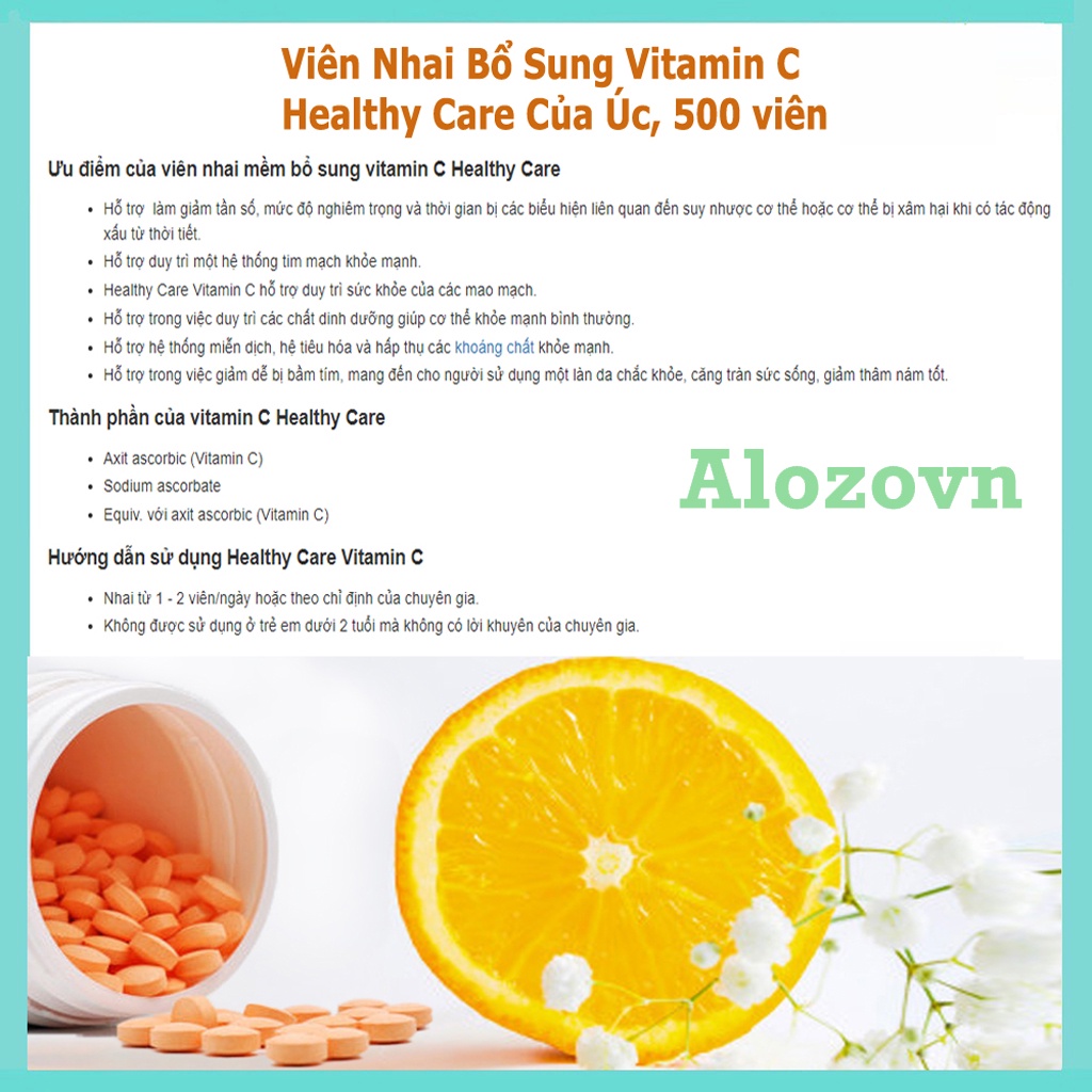 Viên Nhai Healthy Care Vitamin C 500mg Tăng Đề Kháng, Hỗ Trợ Sức Khỏe, Tim Mạch, Làm Sáng Da, Phòng Cảm Lạnh