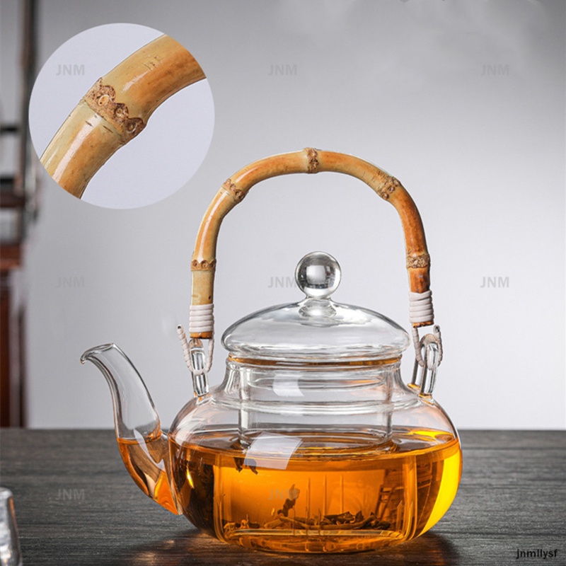 Bình trà thủy tinh trong suốt chịu nhiệt 600ml có tay cầm tre