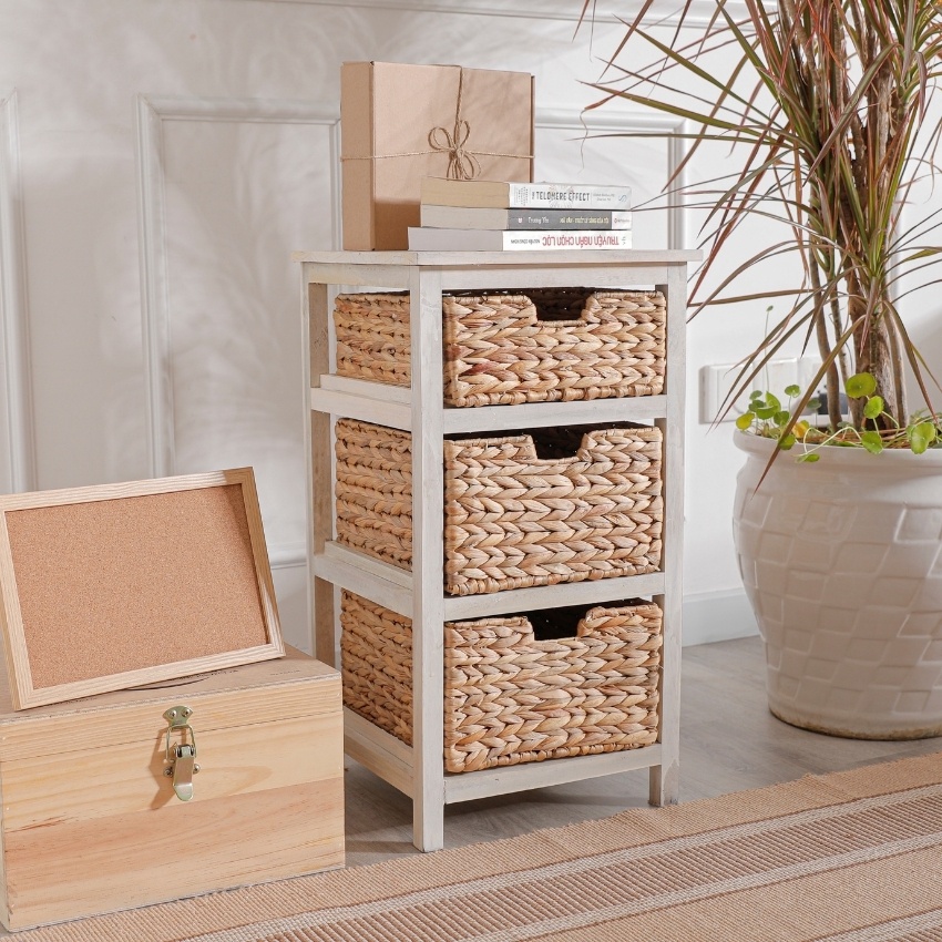 Kệ gỗ trắng 3 tầng kèm giỏ lục bình BAMBOOO ECO trang trí nhà cửa phong cách Nhật Bản