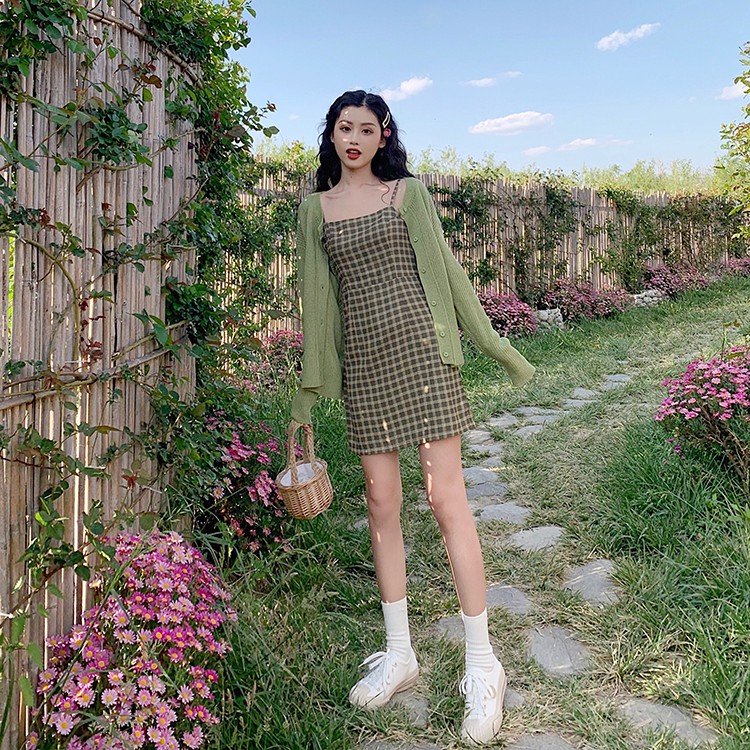 Đầm Hai Dây Sọc Ca Rô Hở Lưng Quyến Rũ Cho Nữ