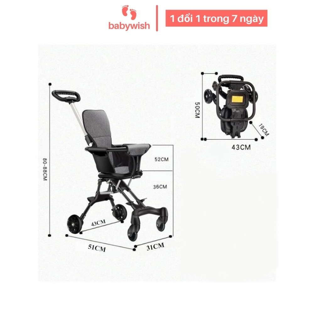 Xe đẩy gấp gọn cho bé Babywish, xe đẩy du lịch đảo chiều siêu gọn nhẹ