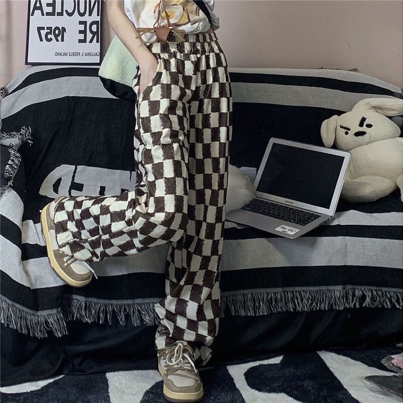 Quần ống rộng unisex nhung tăm kẻ caro phong cách Hàn Quốc