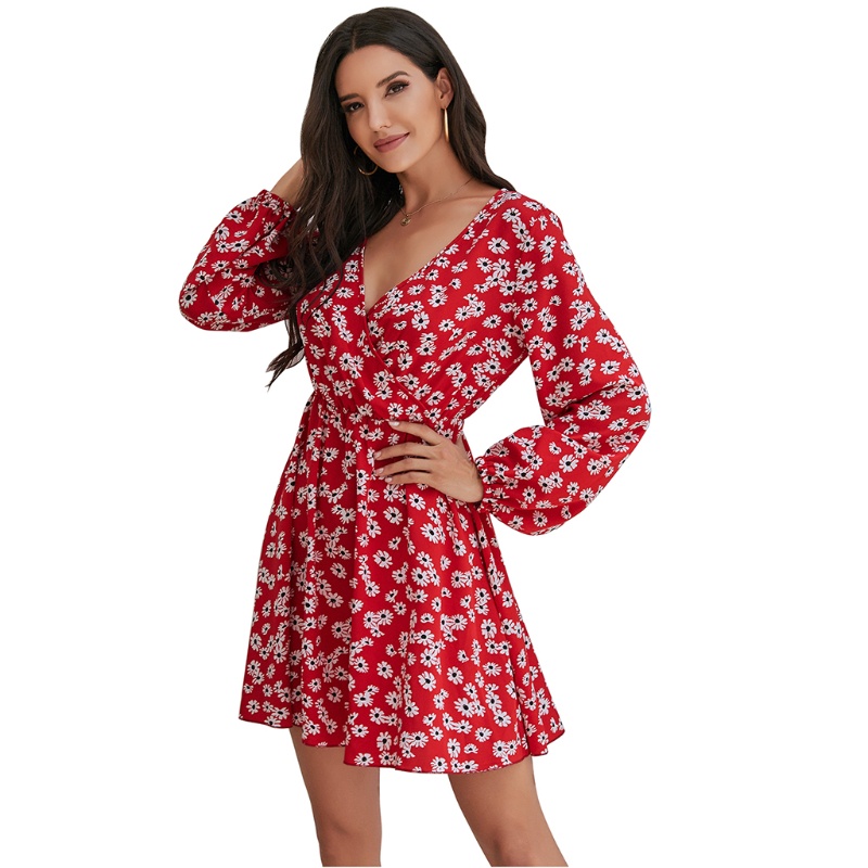 Đầm Midi Tay Dài Cổ Chữ V Họa Tiết Hoa Cúc Phong Cách Boho Quyến Rũ Cho Nữ