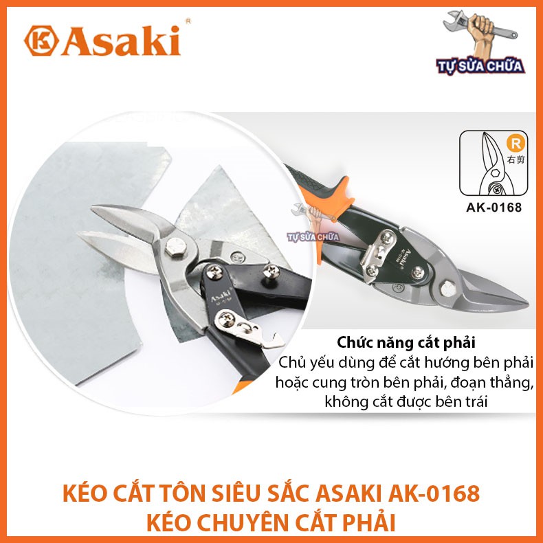 Kéo cắt tôn CRV Asaki 10inch 250mm mũi thẳng AK-0335, mũi cong phải AK-0168, mũi cong trái AK-0167  Kéo cắt tôn siêu sắc