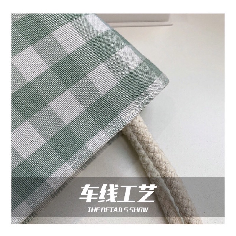 Túi vải canvas cầm tay hàng Quảng Châu kẻ caro nhỏ có khoá kéo tay cầm