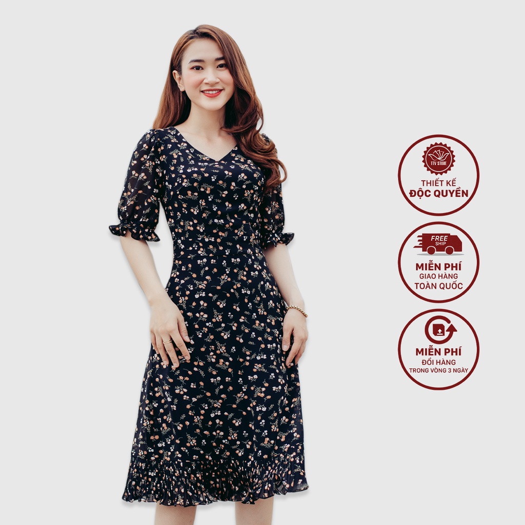 Đầm công sở thiết kế form chữ A Cổ tim tay bo Đen hoa nhí TTV939