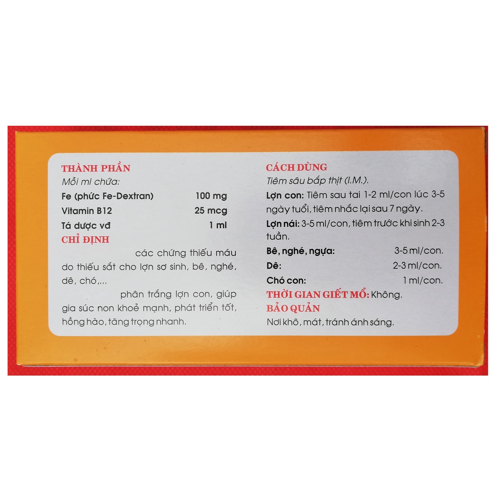 1 vỉ 10 ống Sắt 2 ml Fe-Dextran-B12 10% Dùng cho lợn con, lợn nái, trâu, bò, ngựa, dê, gia súc và chó mèo thiếu máu