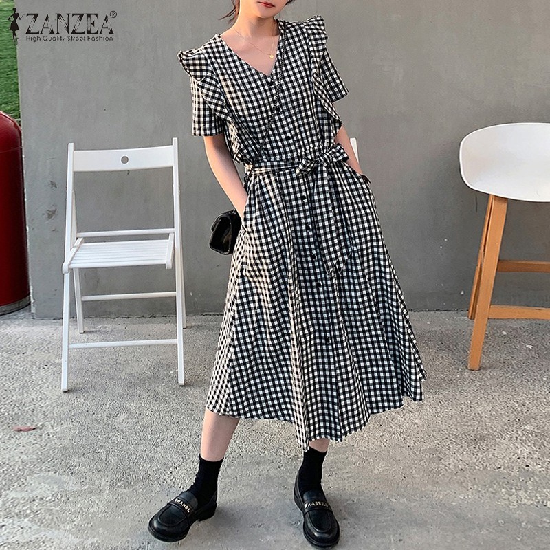 ZANZEA Đầm Dài Họa Tiết Ca Rô Thời Trang Thanh Lịch Dành Cho Nữ | BigBuy360 - bigbuy360.vn
