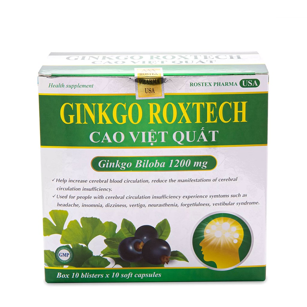Bổ não GINKGO ROXTECH Cao Việt Quất giúp tăng cường trí nhớ, tăng tuần hoàn máu não, ngừa tai biến