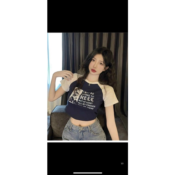Áo thun nữ cổ tròn kiểu tay ngắn in họa thiết dáng croptop 40