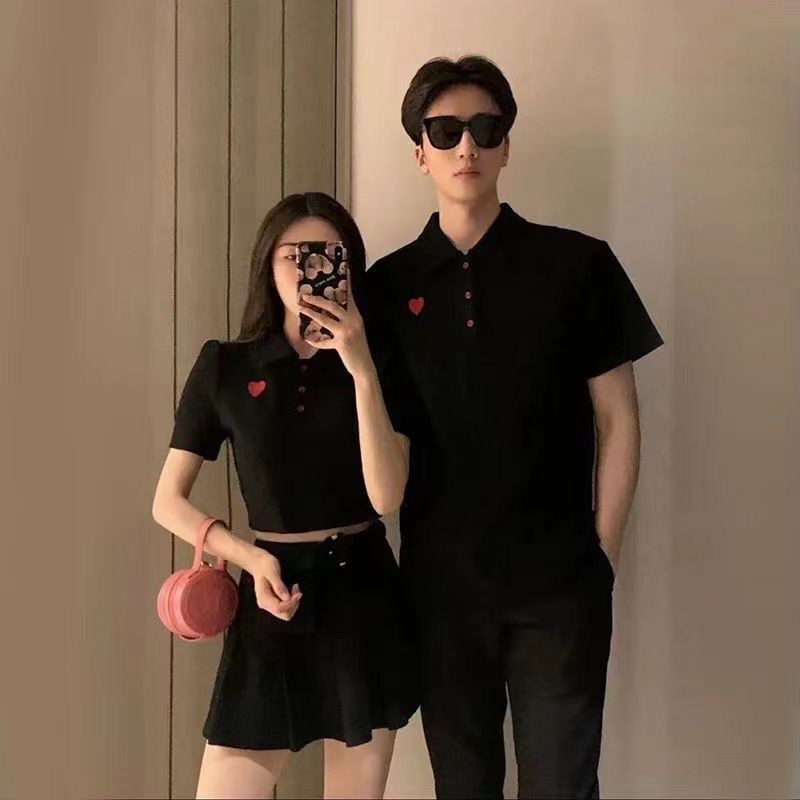 Set đồ đôi nam nữ áo polo nam - chân váy kèm áo nữ thuê hình trái tim thời trang KATE COUPLE