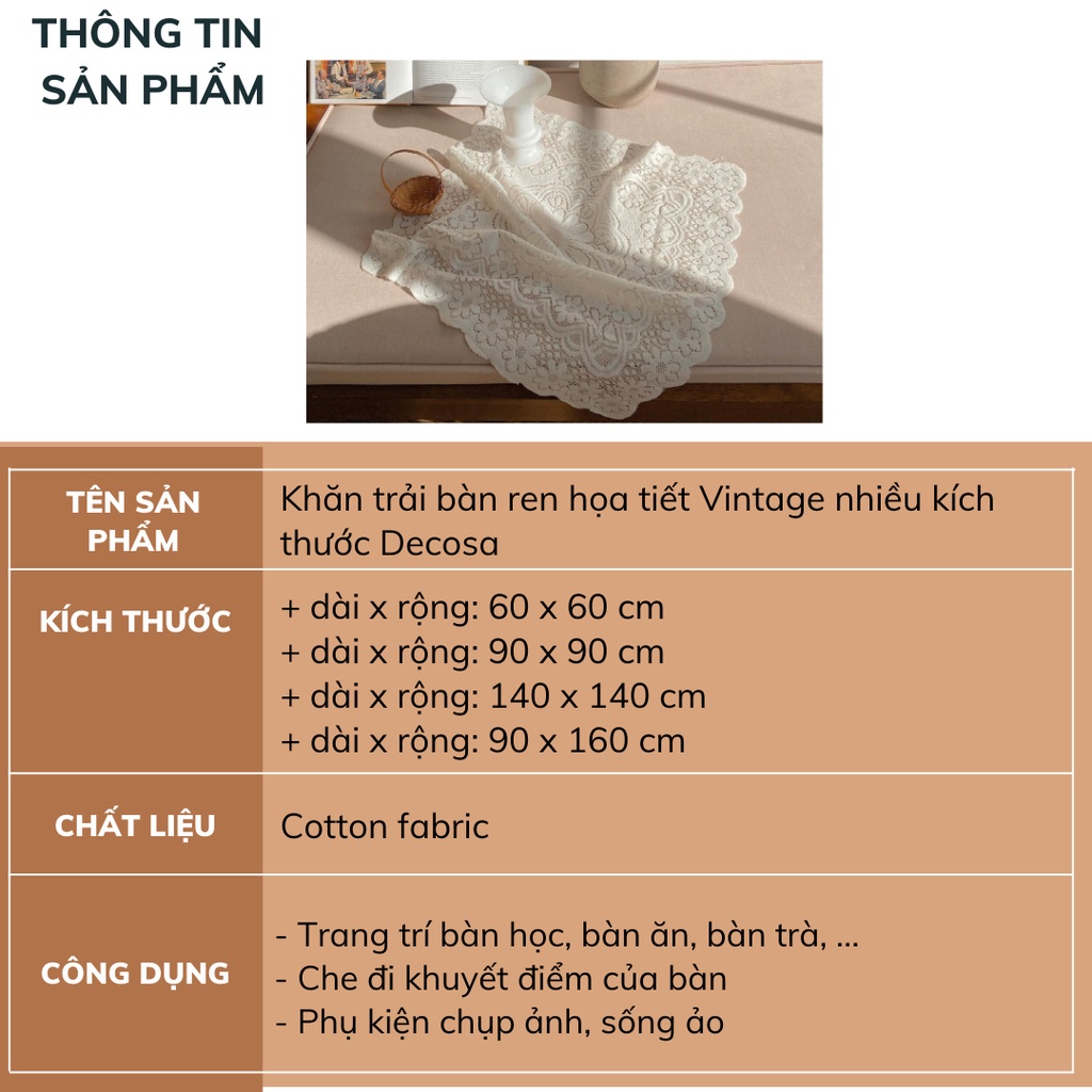 Khăn trải bàn ren họa tiết Vintage nhiều kích thước Decosa