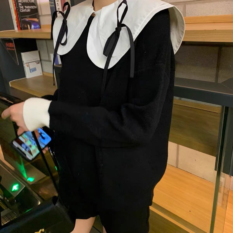 ÁO SWEATER ĐEN PHỐI NƠ BÈO CỔ BASIC PHONG CÁCH HÀN QUỐC L