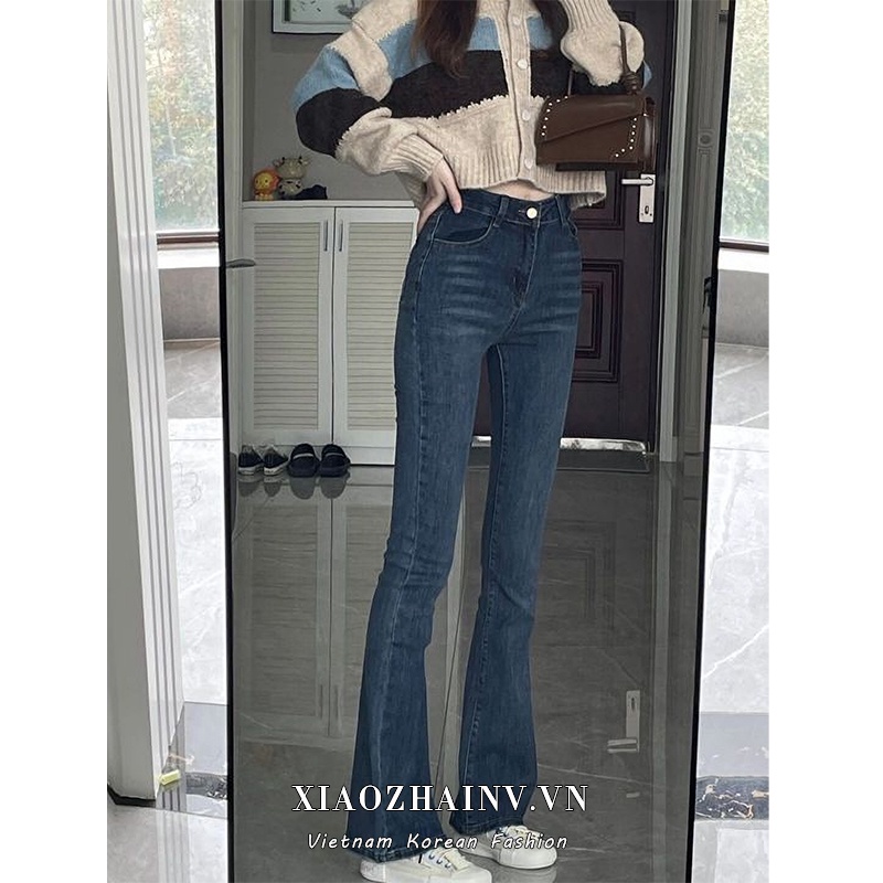  Xiaozhainv Quần jeans lưng cao ống loe thời trang Hàn Quốc xinh xắn dành cho nữ