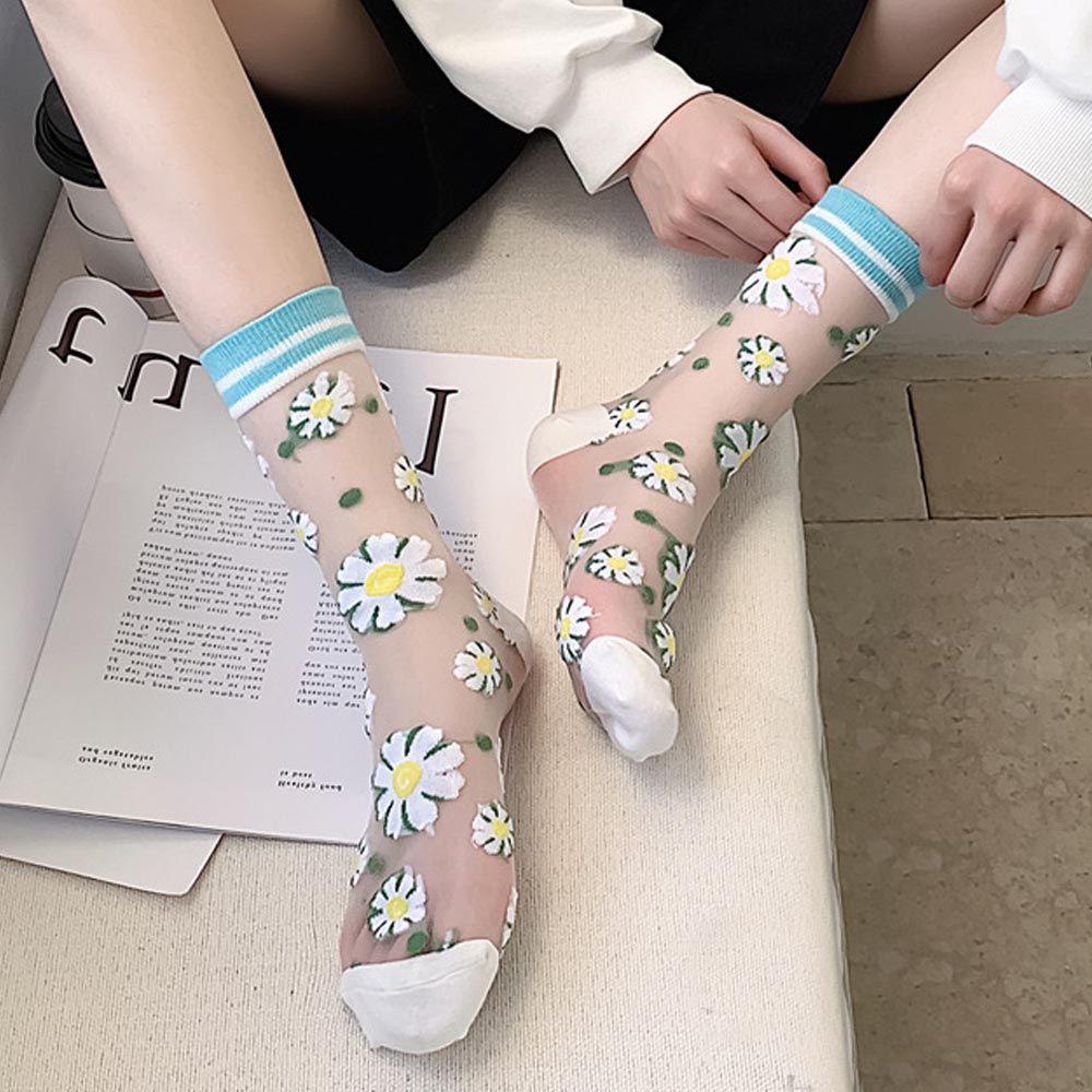 Đôi Vớ Trong Suốt Họa Tiết Trái Tim Thanh Lịch Dành Cho Nữ|Vớ Lụa Phong Cách Harajuku Cá Tính
