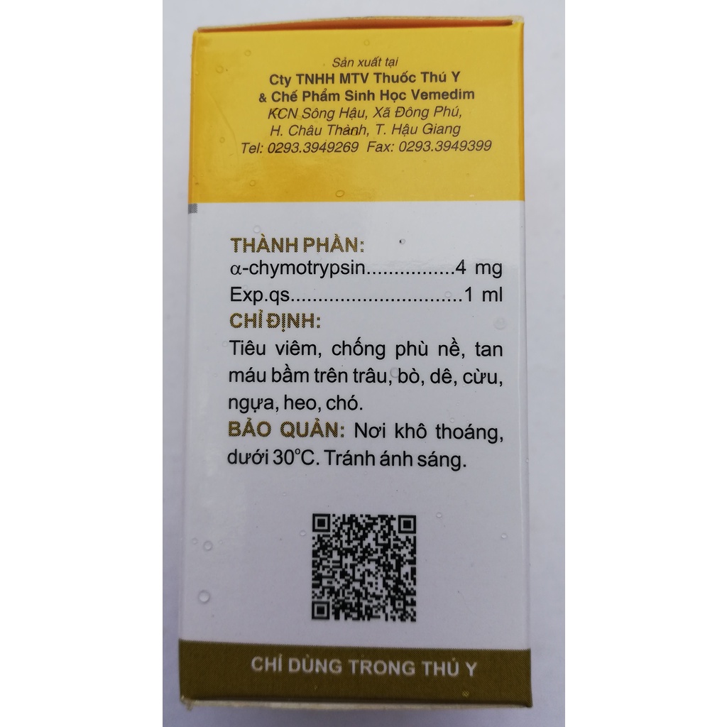 1 lọ Chymosin Fort 20 ml Dùng tiêu vi-êm, ch-ống phù nề, tan m-áu bầm trên trâu, bò, dê, cừu, ngựa, heo, chó, gà chọi