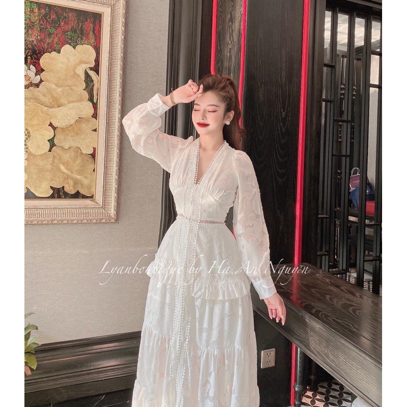 Đầm Maxi Ren Trắng Tay Dài Cổ V Nút, Đầm Dự Tiệc, Đi Biển, Chụp Ảnh (Ảnh Thật) | BigBuy360 - bigbuy360.vn
