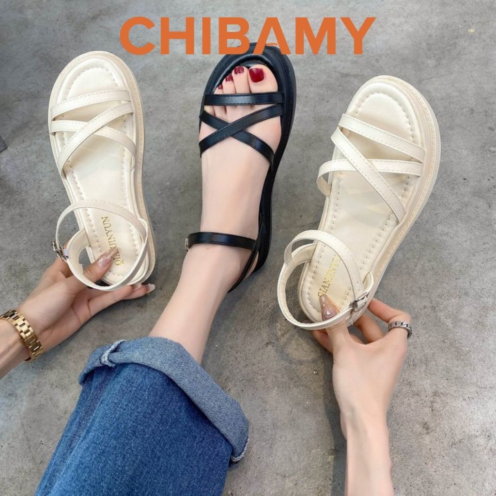 Dép sandal nữ 3 quai chéo đế hộp CHIBAMY, Dép quai hậu nữ siêu nhẹ cao 3cm cho học sinh, sinh viên