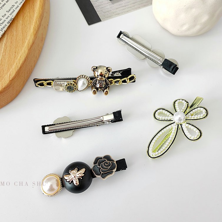 Set 5 kẹp tóc hình gấu đính ngọc trai phong cách Retro Hàn Quốc cho nữ