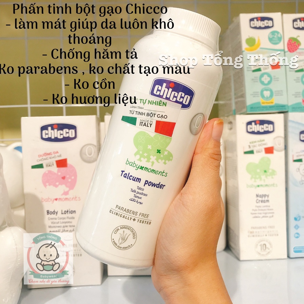 Phấn rôm Chicco nhập khẩu từ Ý tinh bột gạo,phấn nước làm mát da dưỡng da mềm mịn thơm mát nhẹ dịu cao cấp cho bé 150gr