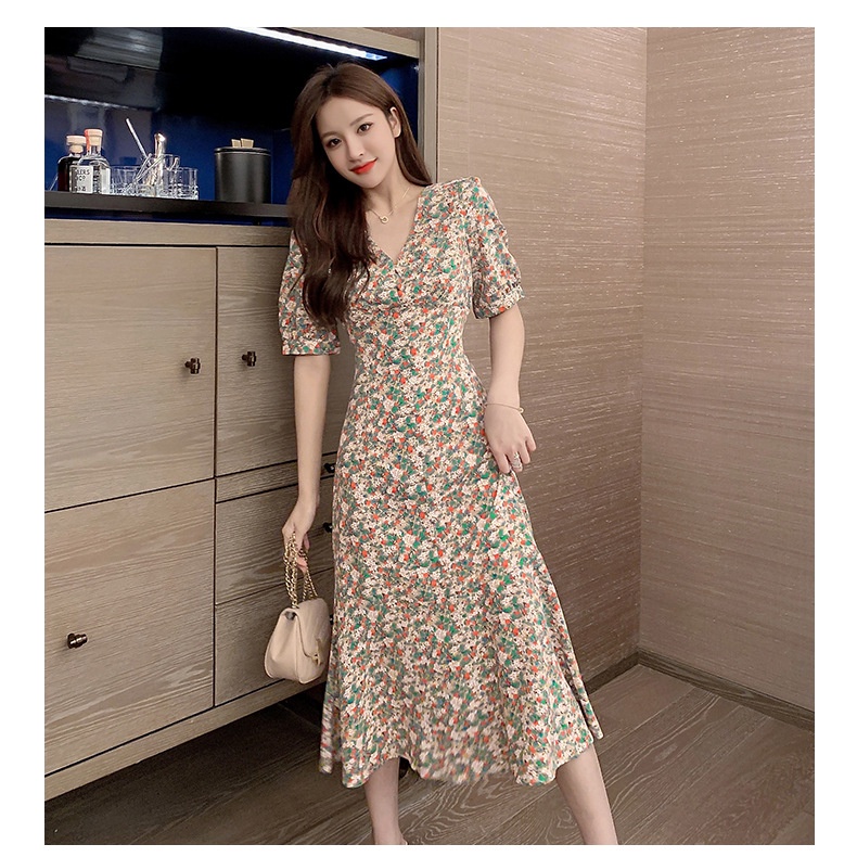 Đầm voan hoa dáng dài cổ chữ V thời trang Pháp hàng mới 2022