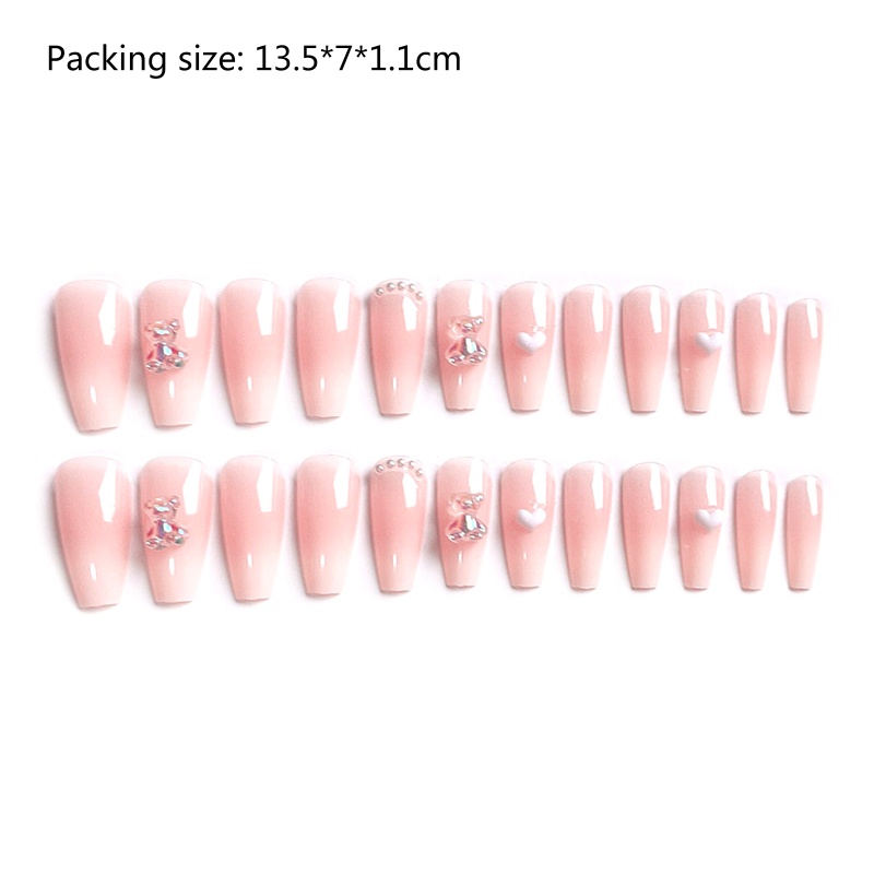 [Hàng mới về] Set 24 móng tay giả che phủ toàn bộ móng tay đính chú gấu hoạt hình pha lê tông màu hồng thời trang