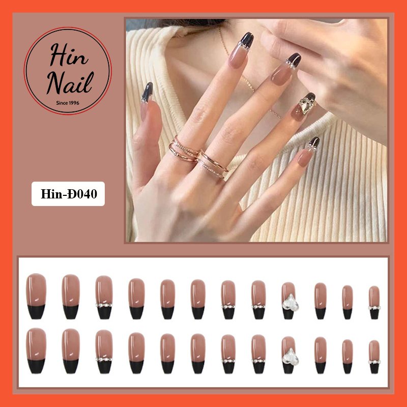móng tay giả đính đá hình trái tim form dài họa tiết độc đáo cá tính