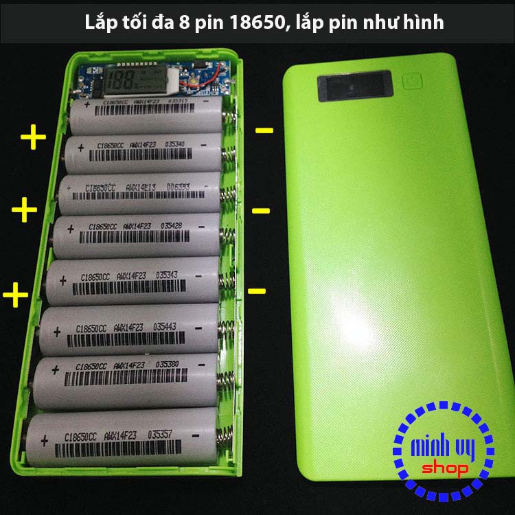 Khung 8 pin sạc dự phòng 30000mAh dùng pin laptop 18650 có LCD- Trắng