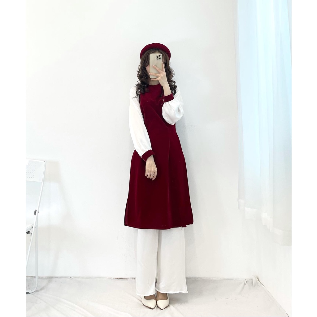 (FREESHIP) set  áo dài nhung cách tân kèm mấn new miho.house