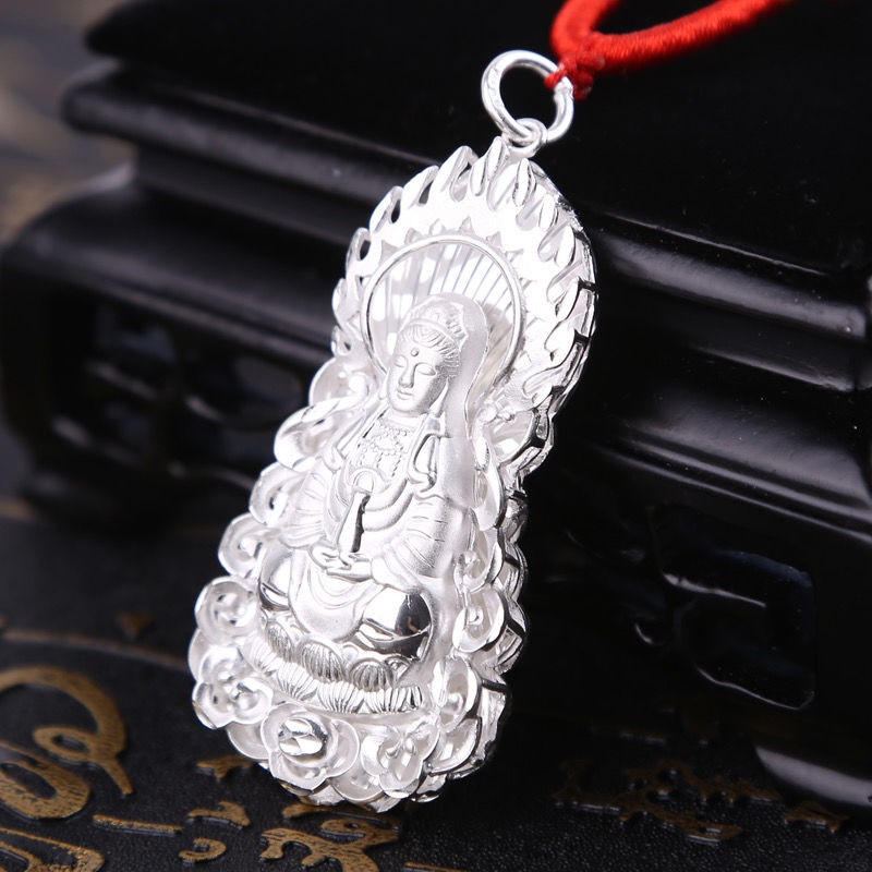 ❍○☂999 sterling bạc ngọn lửa mặt dây chuyền Phật Bà Quan Âm bằng tượng bồ tát nam trang sức an toàn cho bé