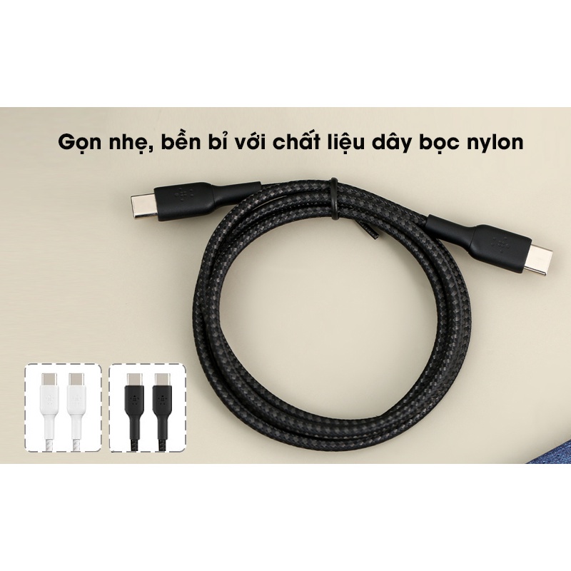 ✅  Dây Cáp sạc Nylon Type C to C 1m Belkin sạc nhanh 60W CAB004 thương hiệu Mỹ hàng tray không box