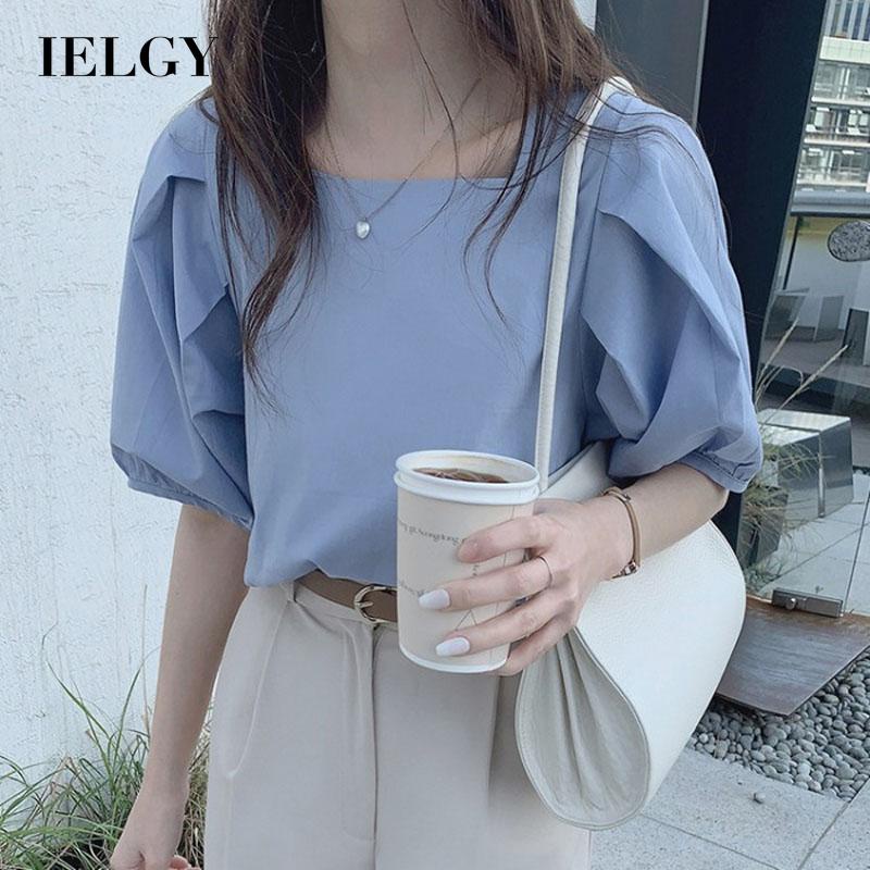 Áo sơ mi IELGY tay ngắn cổ vuông dáng rộng phong cách Pháp thời trang cho nữ