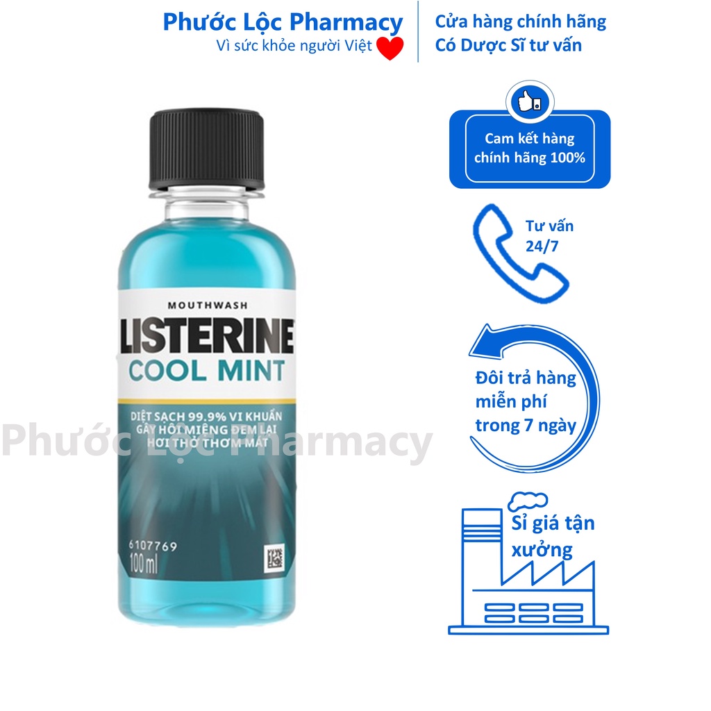 Nước súc miệng Listerine Cool Mint chai nhỏ bỏ túi 100ml.