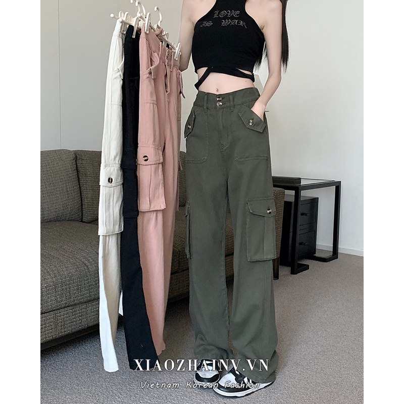 Quần dài XIAOZHAINV lưng cao ống rộng phối túi với 3 màu thời trang retro cho nữ tùy chọn