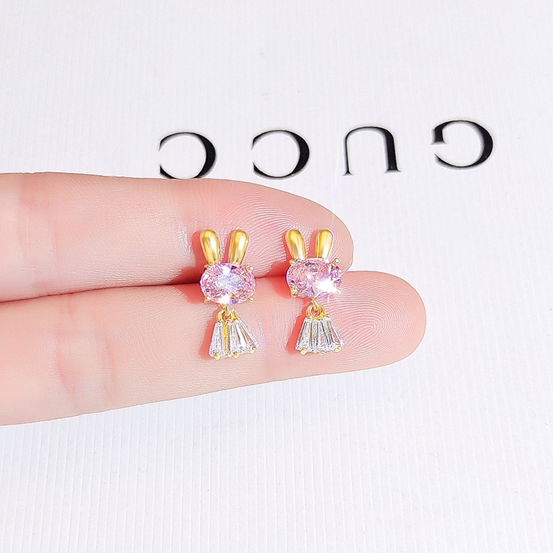 Khuyên tai kẹp JIUDUOLAN bằng bạc zircon pha lê hồng hình thỏ dễ thương không cần xỏ lỗ