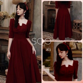 Váy nhung đỏ đô dáng xòe, đầm nhung dáng dài tay lỡ - chất liệu nhung cao cấp mềm mịn - [1 đổi 1 trong 3 ngày]
