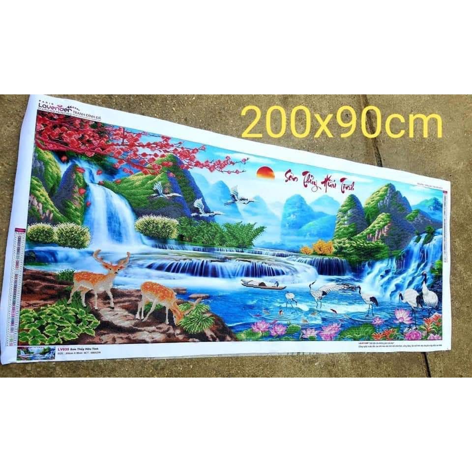 Tranh Đính Đá PHONG CẢNH SƠN THỦY HỮU TÌNH. Kích Thước: 1m20 x 55cm - 1m60 x 70cm - 1m98 x 86cm