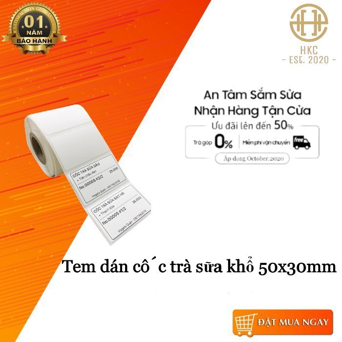 Tem trà sữa , tem dán cốc trà sữa , in mã vạch khổ 50x30 mm, 910 tem, cuộn 30m