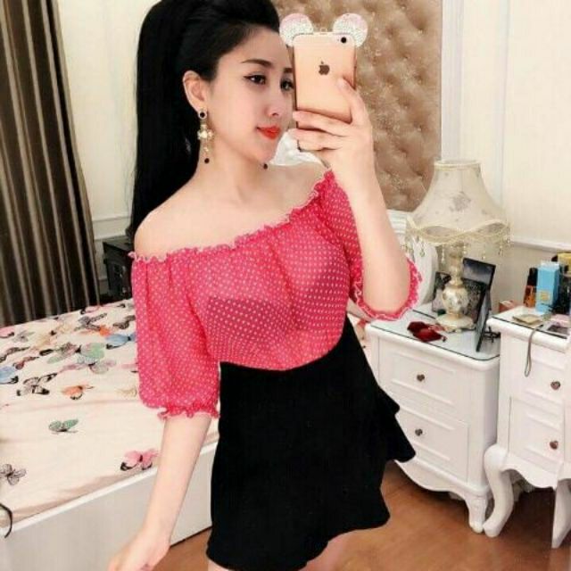 Góc chào khách sỉ. Áo bẹt vai chấm bi
