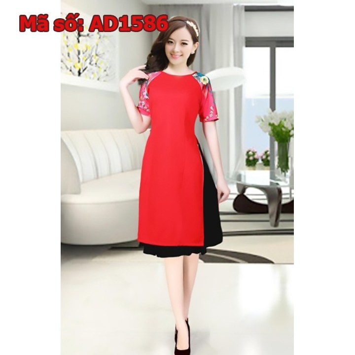 ⚡️ có big size 3XL ⚡️ AD1586 Set áo dài cách tân gấm thun màu đỏ tay in hoa kèm váy