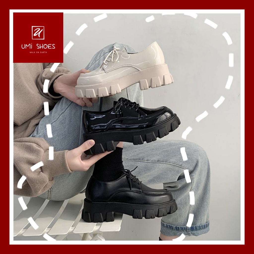 Giày bốt ulzzang gót vuông đế bự to dày mũi vuông phong cách Anh quốc bóng/trơn màu đen tăng chiều cao mới hot