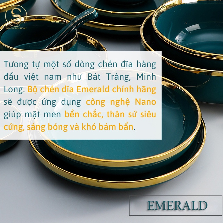 [HỎA TỐC] Bộ Tô Chén Đĩa Sứ Cao Cấp Emerald Viền Vàng Gold Xanh Lục Bảo Xanh Cổ Vịt Sang Trọng Hàng Có Sẵn