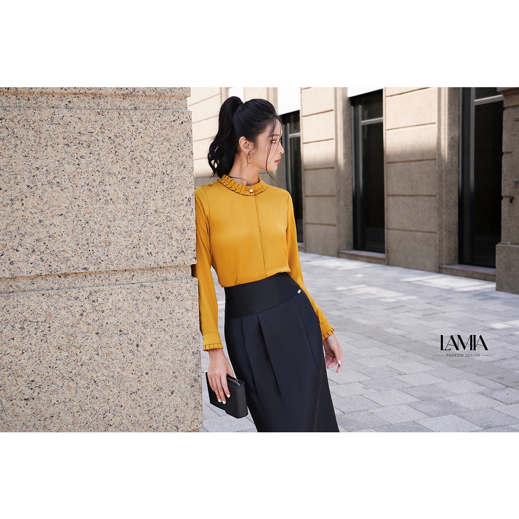 Áo sơ mi nữ Lamia Design LA315 lụa Hàn Quốc màu vàng xếp ly cách điệu