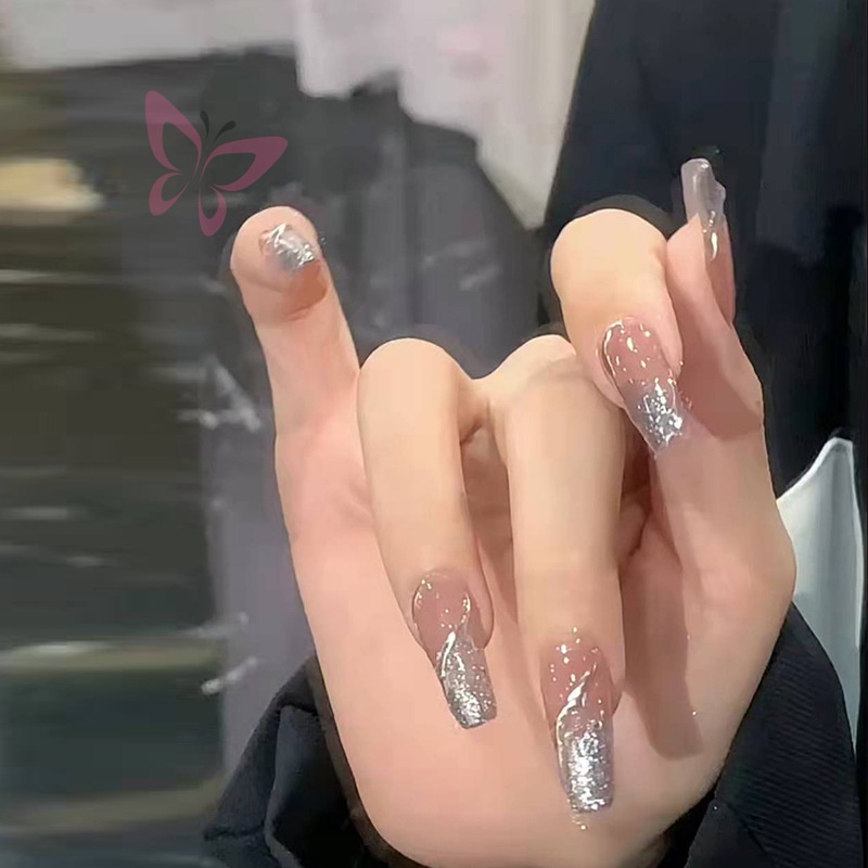 Bộ Móng Tay Giả Màu Bạc Dáng Dài Có Thể Tháo Rời Thời Trang